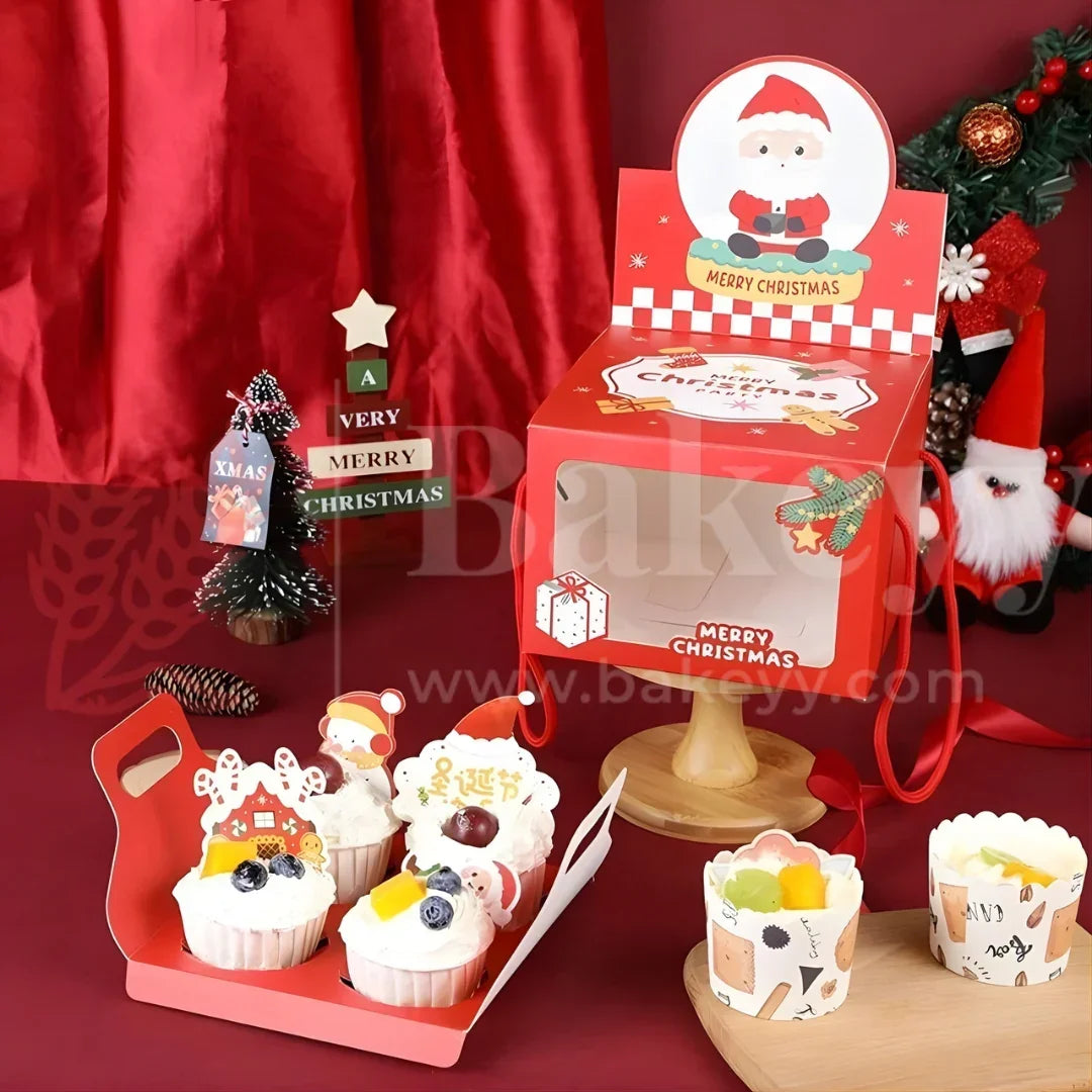 Red Christmas-themed box with Santa Claus design, surrounded by festive decorations on a red background.