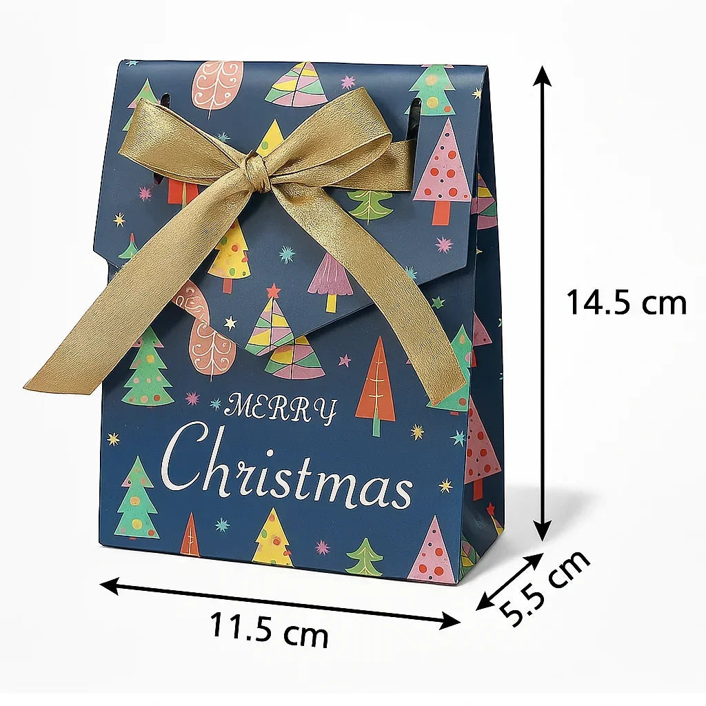 Gift box with Christmas design and gold ribbon, showing dimensions.