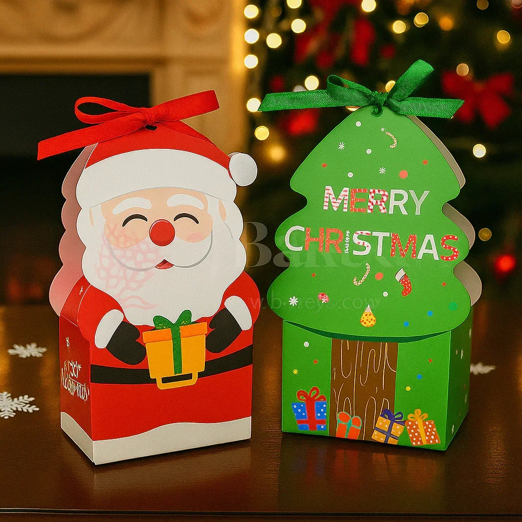 Two Christmas-themed gift boxes, one shaped like Santa Claus and the other like a Christmas tree, on a festive background.