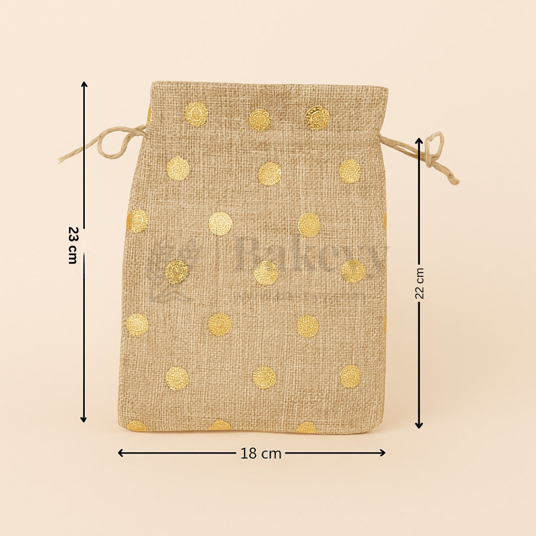 Golden Foil Printed Jute Bags | Available in 3 Sizes | Assorted Print Designs | Pack of 10