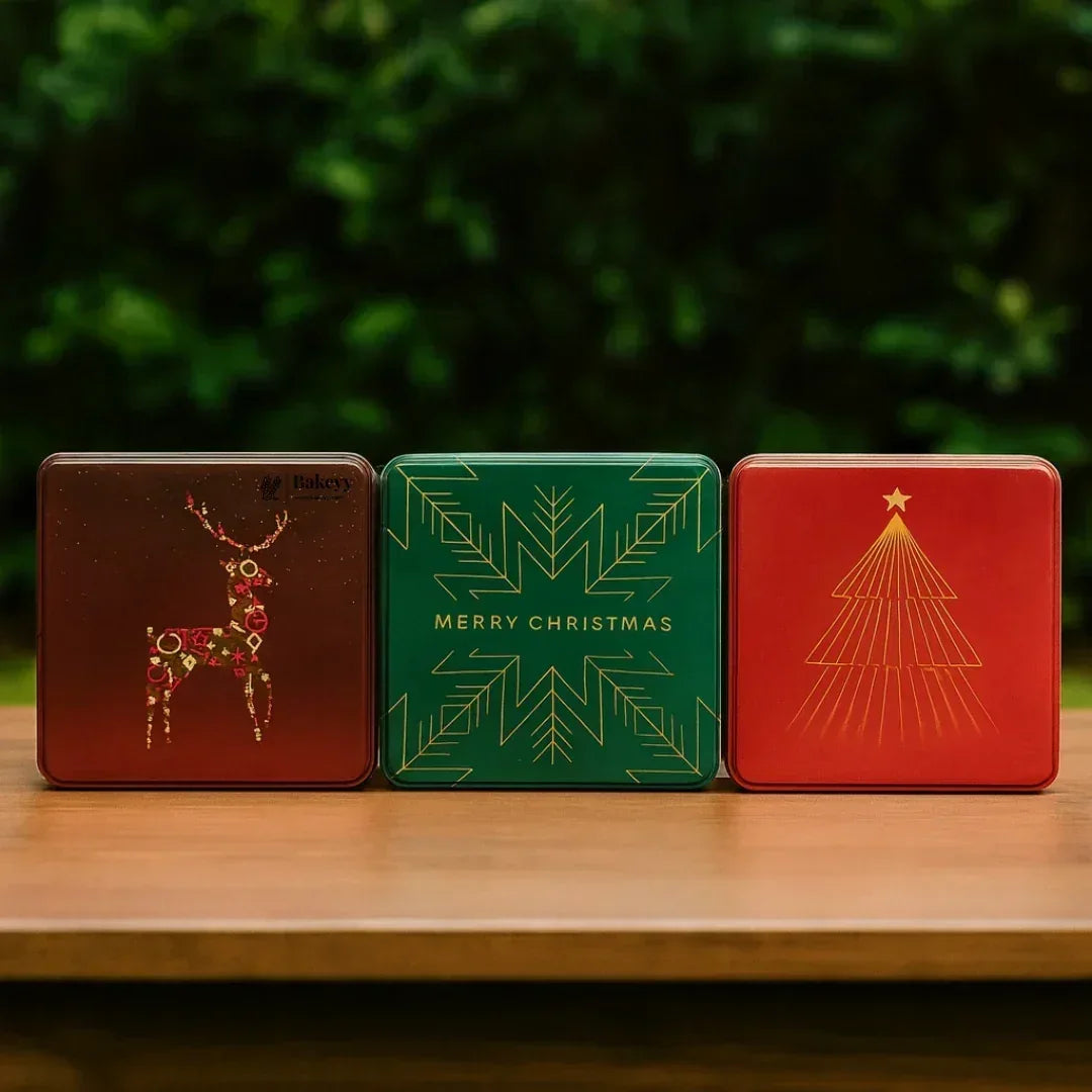 Christmas Hamper Square Tin Box | Hamper Box | Gift Box | Plum Cake Box - Bakeyy.com - India - Christmas Hamper Square Tin Box | Hamper Box | Gift Box | Plum Cake Box - Red / 6x6x2 Inch | Pack of 2 250.00