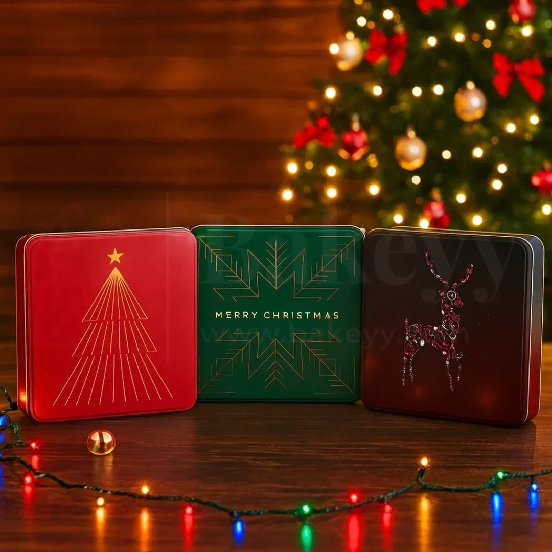 Christmas Hamper Square Tin Box | Hamper Box | Gift Box | Plum Cake Box - Bakeyy.com - India - Christmas Hamper Square Tin Box | Hamper Box | Gift Box | Plum Cake Box - Red / 6x6x2 Inch | Pack of 2 250.00