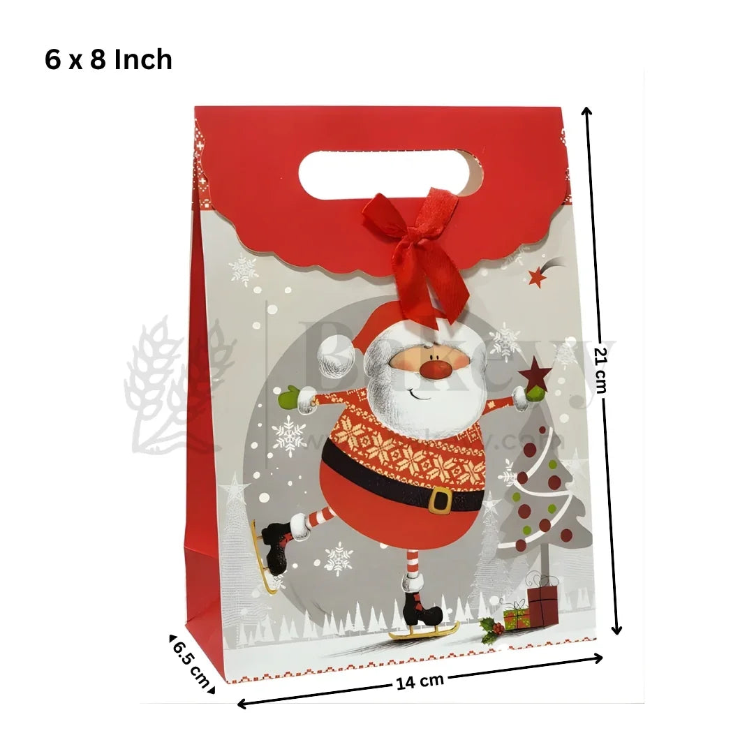 Gift bag with Santa Claus design and measurements on a white background