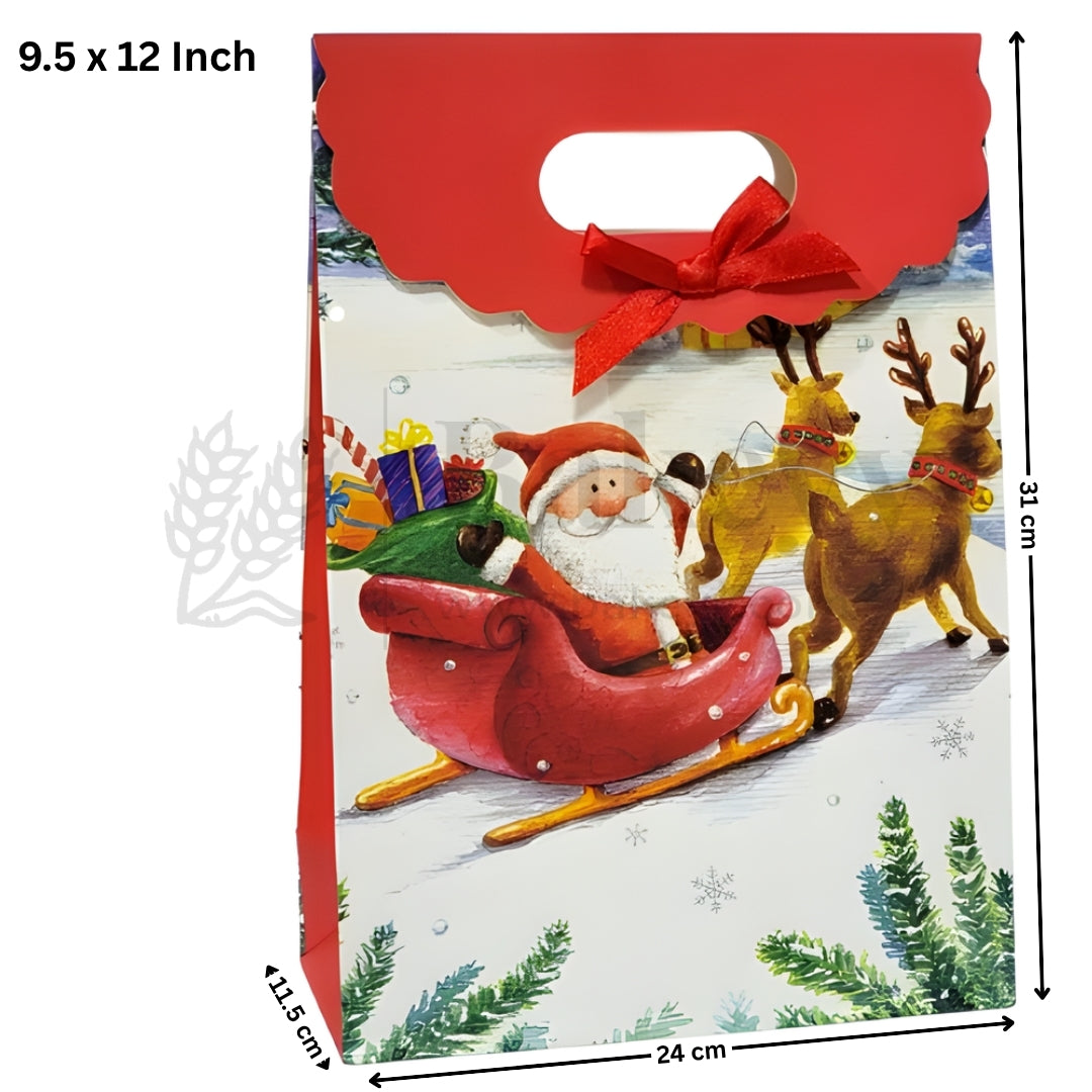 Christmas-themed gift bag with Santa Claus and reindeer design, featuring a red bow on top.