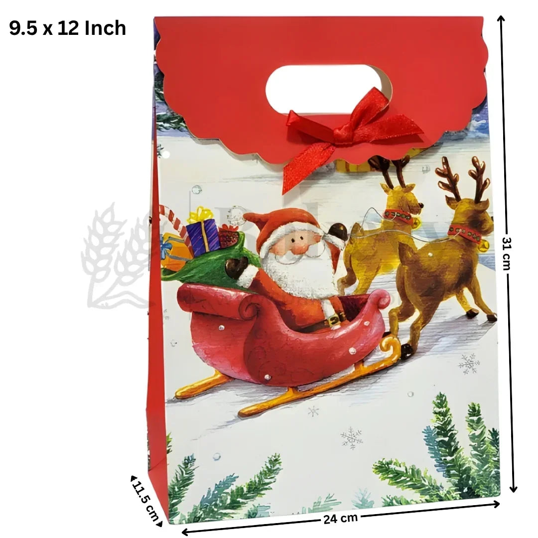 Christmas-themed gift bag with Santa Claus and reindeer design, featuring a red bow on top.