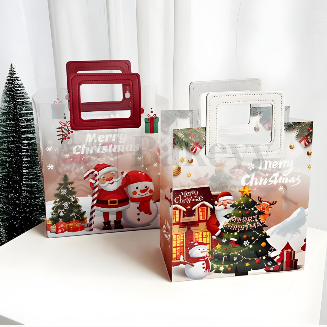 Set of Christmas-themed gift bags with Santa Claus, snowmen, and trees on a white background.