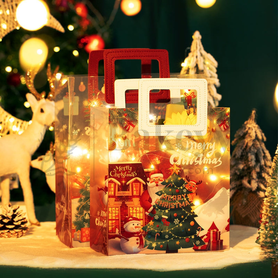 Christmas-themed gift bag with festive design in a decorative setting.
