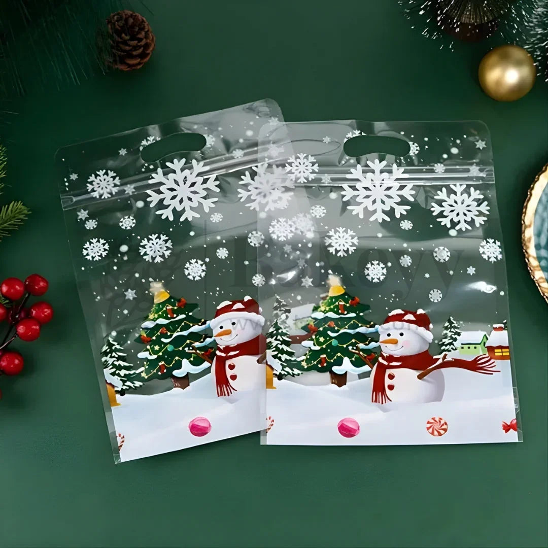 Two Christmas-themed clear bags with snowflakes and snowmen on a green background.