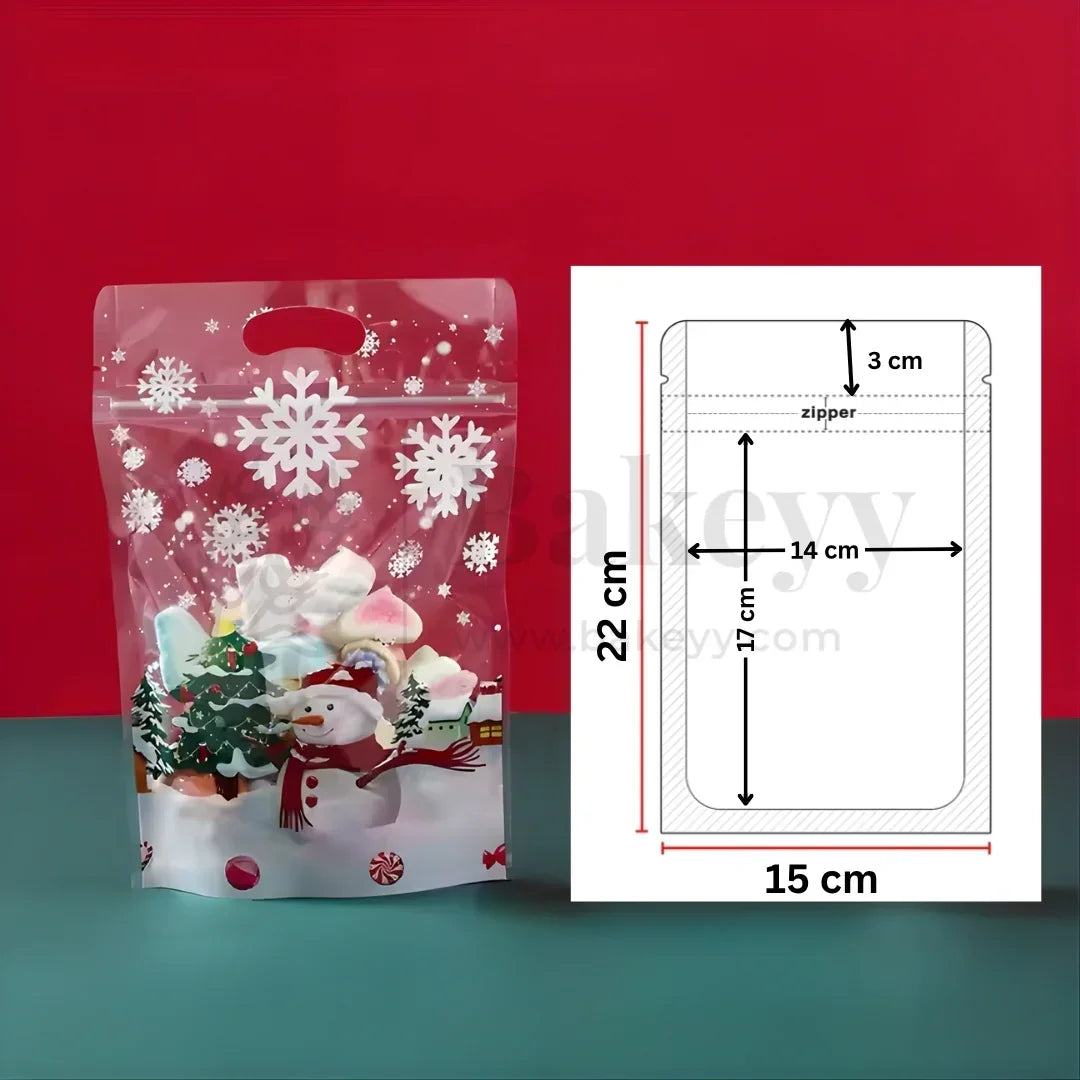 Christmas-themed stand-up pouch with snowflakes and a snowman design, next to its dimensions on a red and blue gradient background.