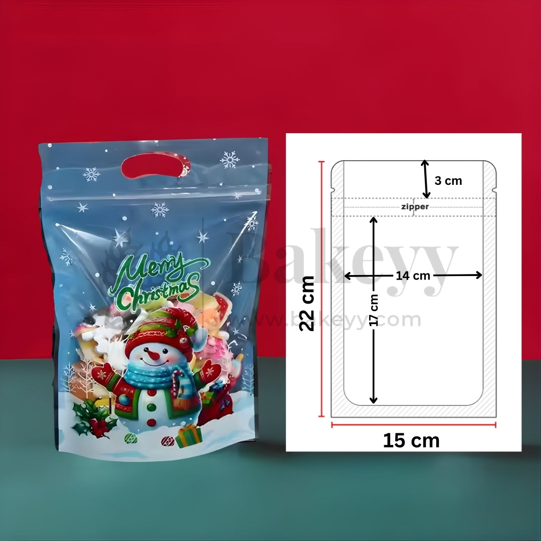 Christmas-themed packaging bag with a snowman design and measurements on a red background