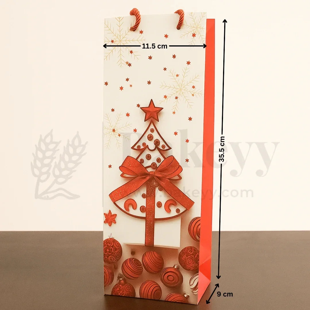 Gift bag with Christmas tree design and measurements on a white background