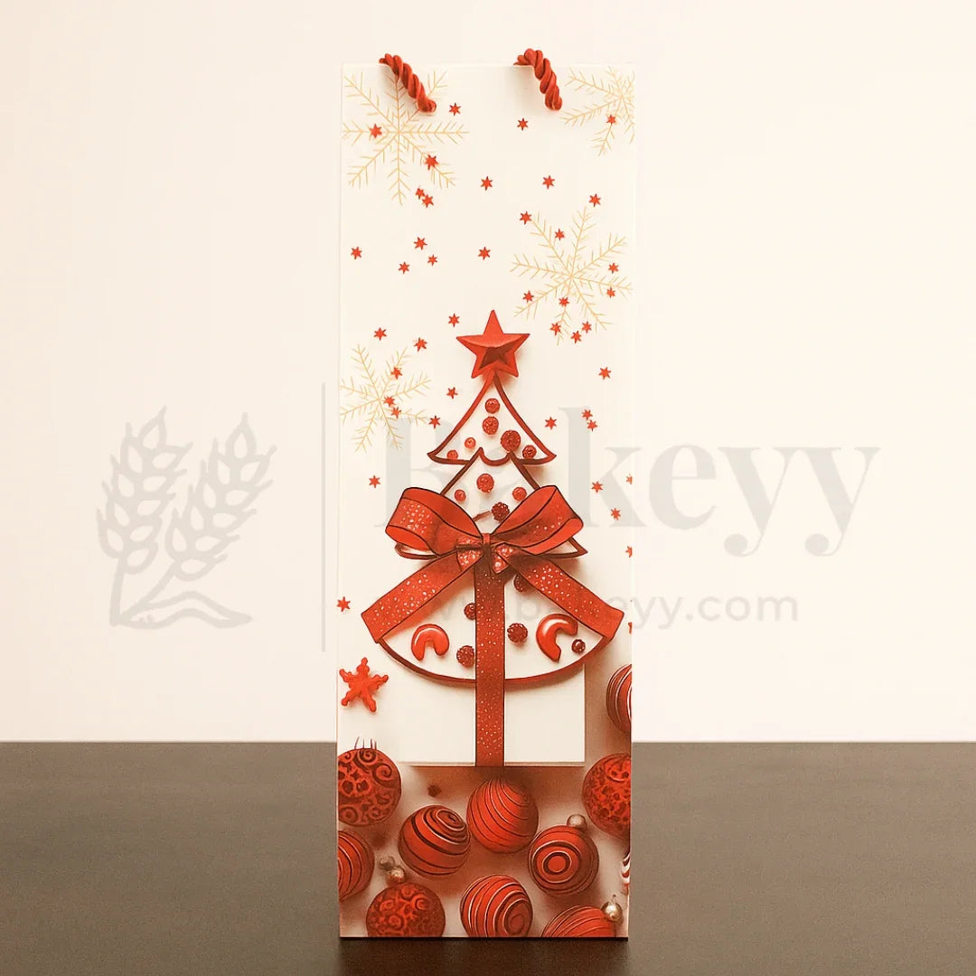 Decorative Christmas-themed gift bag with red tree design on a beige background