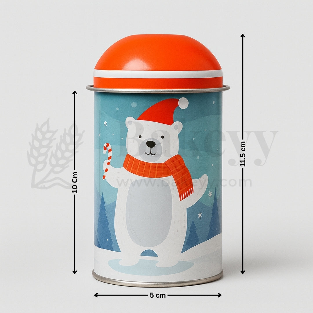 Tin can with a polar bear design, red lid, and measurements on a white background