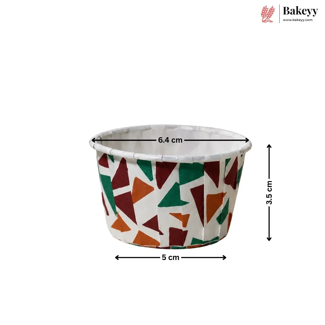Hexagonal paper cup with geometric pattern and measurements on a white background, branded 'Bakeyy'.