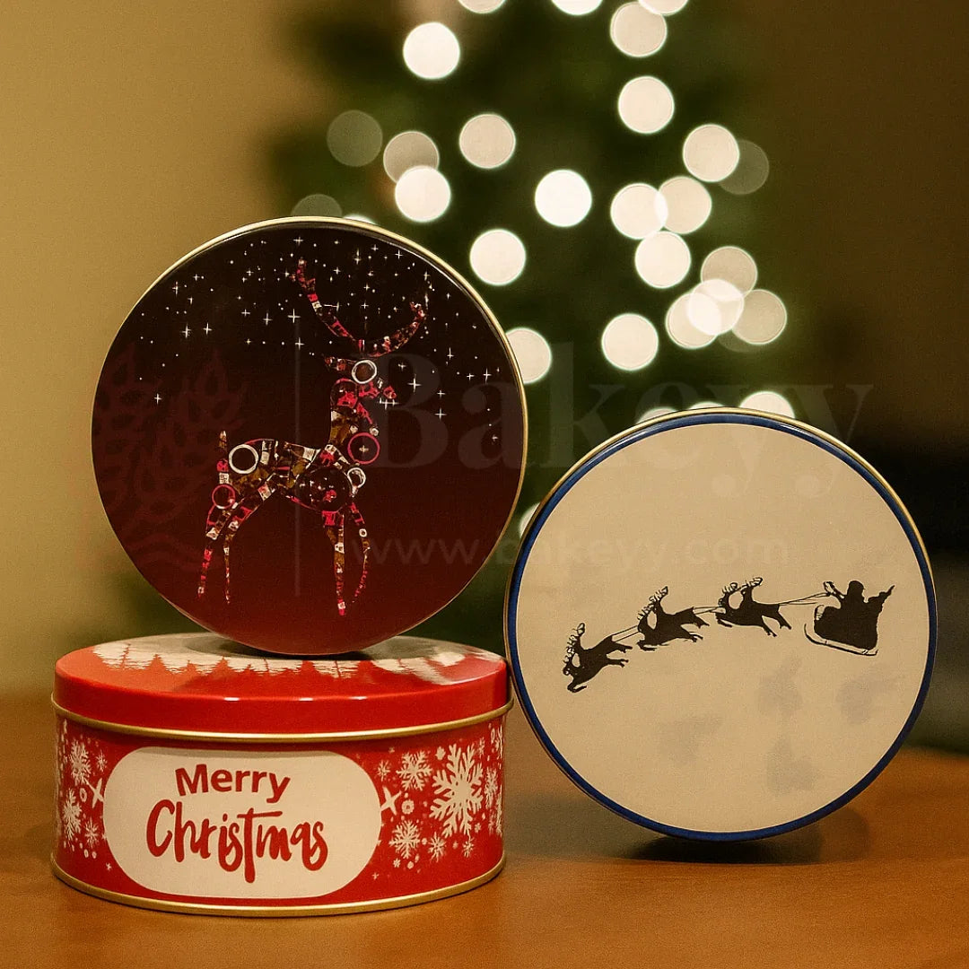 Christmas Assorted Prints Dream Cake Tin Box - Bakeyy.com - India - Christmas Assorted Prints Dream Cake Tin Box - Blue / 500 gm | Pack of 6 480.00