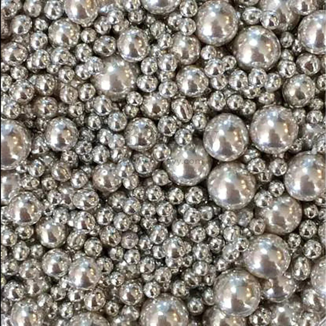 Edible Sugar Pearls - 7 Sizes Mix | Edible Cake & Dessert Decorations | Metallic Finish | 200 gm - Bakeyy.com - India - Edible Sugar Pearls - 7 Sizes Mix | Edible Cake & Dessert Decorations | Metallic Finish | 200 gm - Silver432