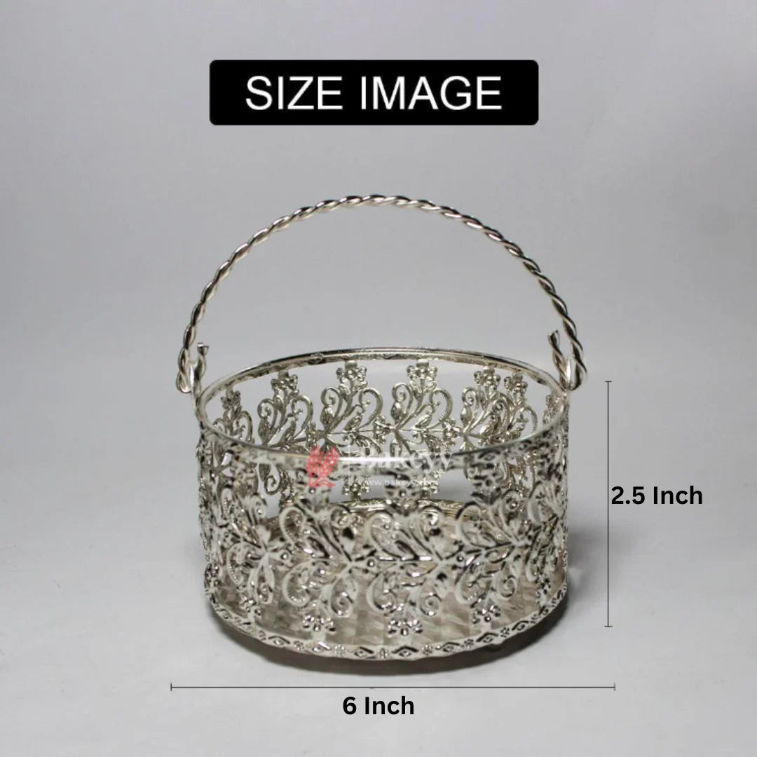 Royal Silver Metal Basket | Elegant Serving & Gifting Accessory | Gift Baskets For Dry Fruits, Gift Hampers, Return Gift For Wedding, Anniversary, Birthday, House Warming - Bakeyy.com - India - Royal Silver Metal Basket | Elegant Serving & Gifting Accessory | Gift Baskets For Dry Fruits, Gift Hampers, Return Gift For Wedding, Anniversary, Birthday, House Warming - 6 Inch