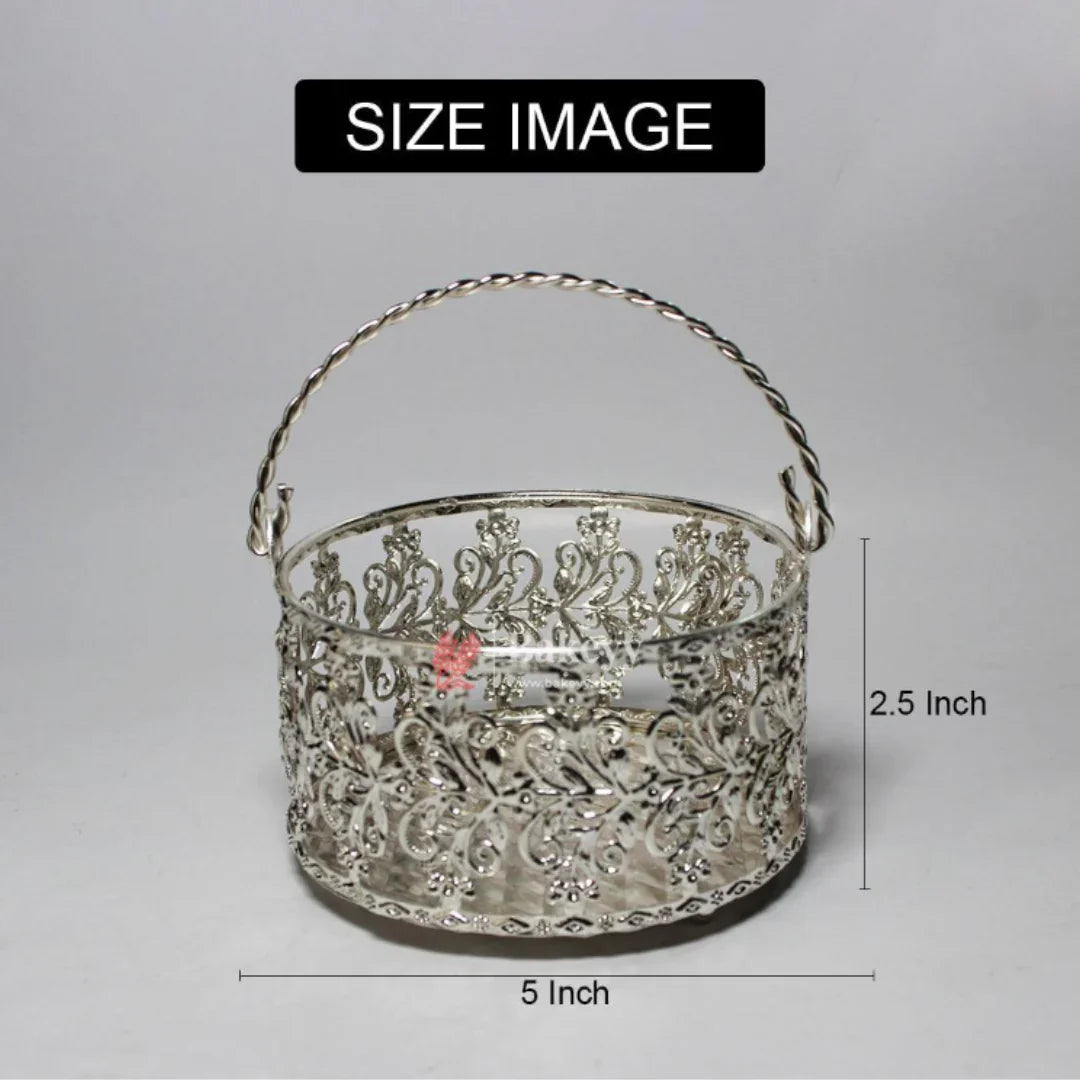 Royal Silver Metal Basket | Elegant Serving & Gifting Accessory | Gift Baskets For Dry Fruits, Gift Hampers, Return Gift For Wedding, Anniversary, Birthday, House Warming - Bakeyy.com - India - Royal Silver Metal Basket | Elegant Serving & Gifting Accessory | Gift Baskets For Dry Fruits, Gift Hampers, Return Gift For Wedding, Anniversary, Birthday, House Warming - 5 Inch