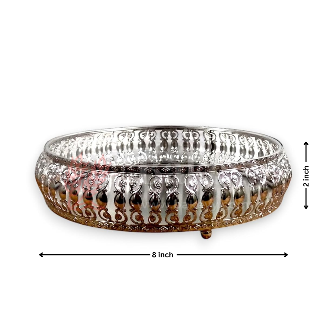 8 Inch | Elegant Silver Plated Decorative Pooja Thali | Round Metal Tray Home Decor Items | Decorative Tray