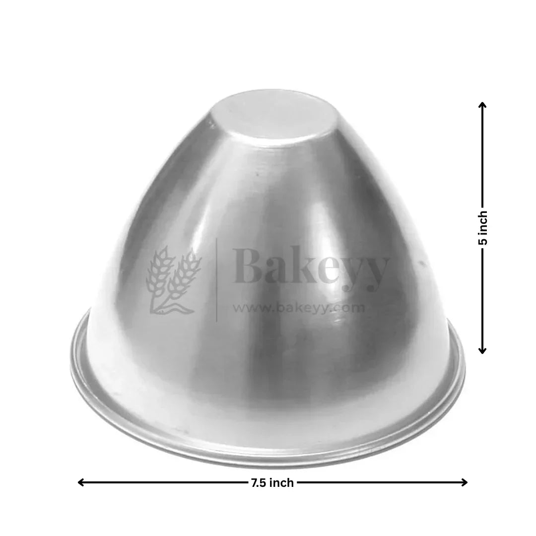 Bakeyy 7.5 inch aluminum dome cake mold for baking, displayed with size dimensions