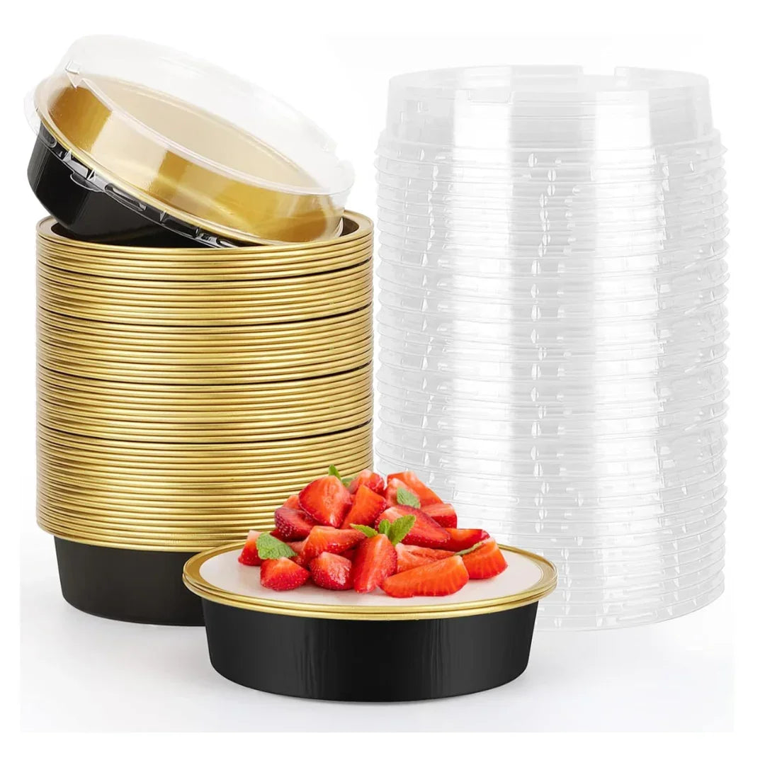 Aluminum Foil Baking Containers with Transparent Lid | Round Tins | Bake N Serve | Pack of 100 - Bakeyy.com - India - Aluminum Foil Baking Containers with Transparent Lid | Round Tins | Bake N Serve | Pack of 100 - Black / 250 ml