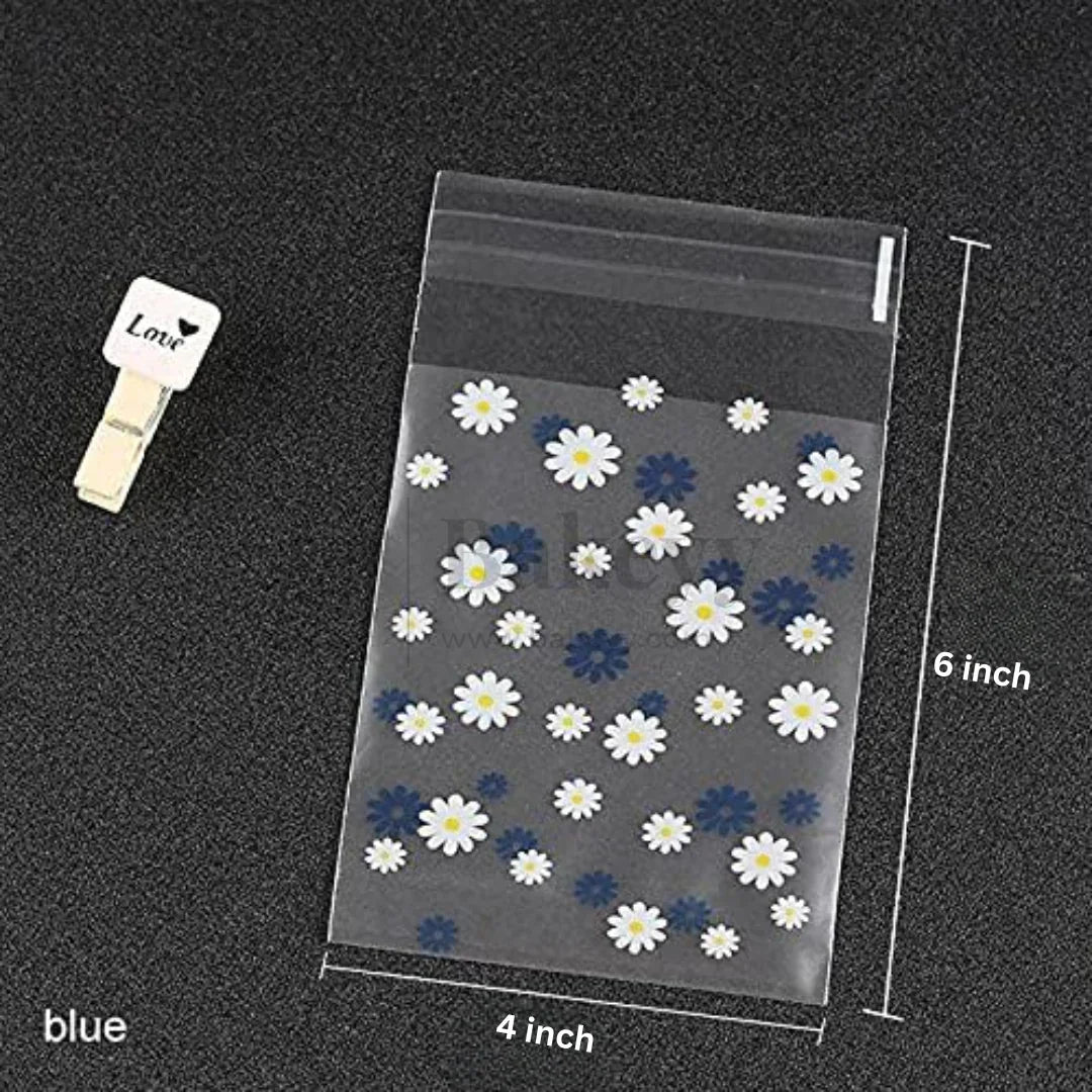 Daisy Flower Cellophane Bags | Blue and White | Clear Plastic Self Sealing Envelope Crystal Bag  | Pack of 100