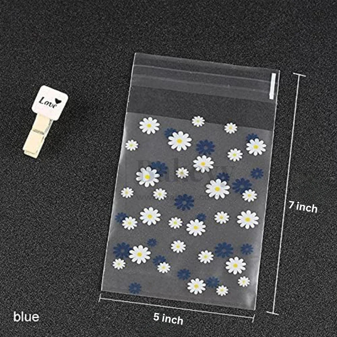 Daisy Flower Cellophane Bags | Blue and White | Clear Plastic Self Sealing Envelope Crystal Bag  | Pack of 100