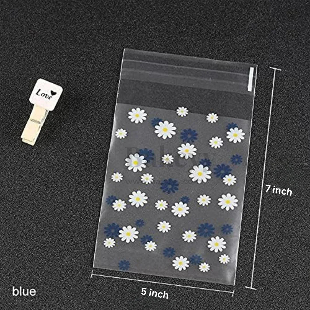 Daisy Flower Cellophane Bags | Blue and White | Clear Plastic Self Sealing Envelope Crystal Bag | Pack of 100 - Bakeyy.com - India - Daisy Flower Cellophane Bags | Blue and White | Clear Plastic Self Sealing Envelope Crystal Bag | Pack of 100 - 5x7