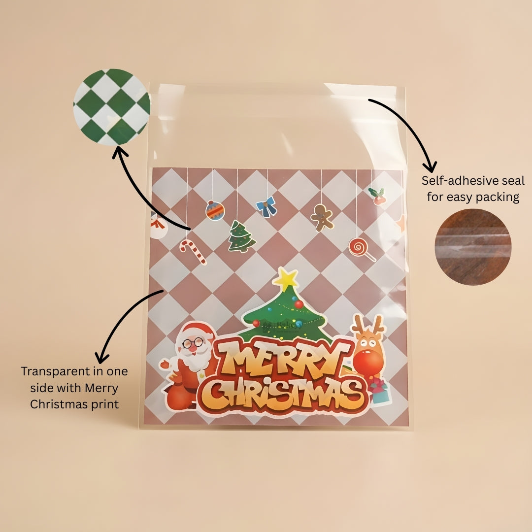 Christmas Theme Cellophane Bags | Self-Seal Treat Pockets | Pack of 100