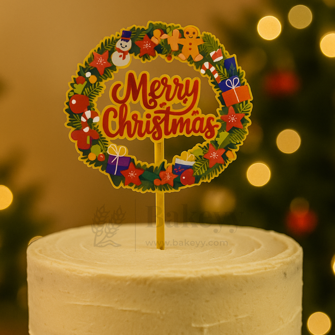 Merry Christmas Wreath Design Cake Topper | Christmas Decor | Pack of 5