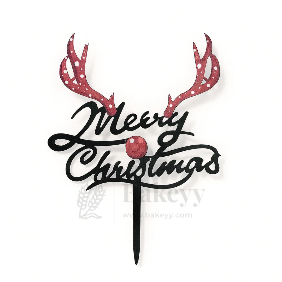 Merry Christmas with Reindeer Antler Design Cake Topper | Black Color | Christmas Decor | Pack of 5