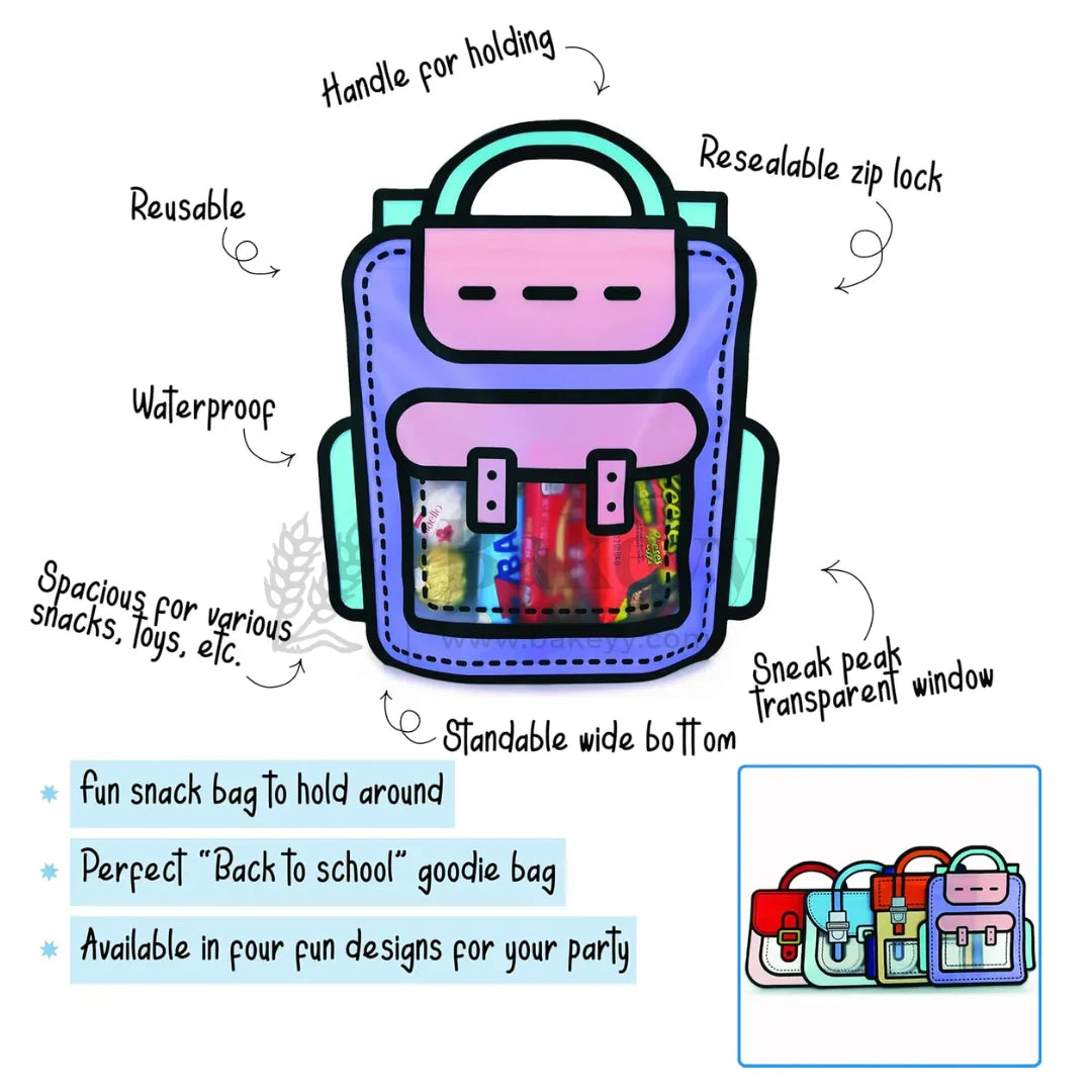 Cartoon Backpack Zip Lock Pouch | Blue | Treat Storge Bag for Birthday | Fancy Zip lock pouches | Pack of 50