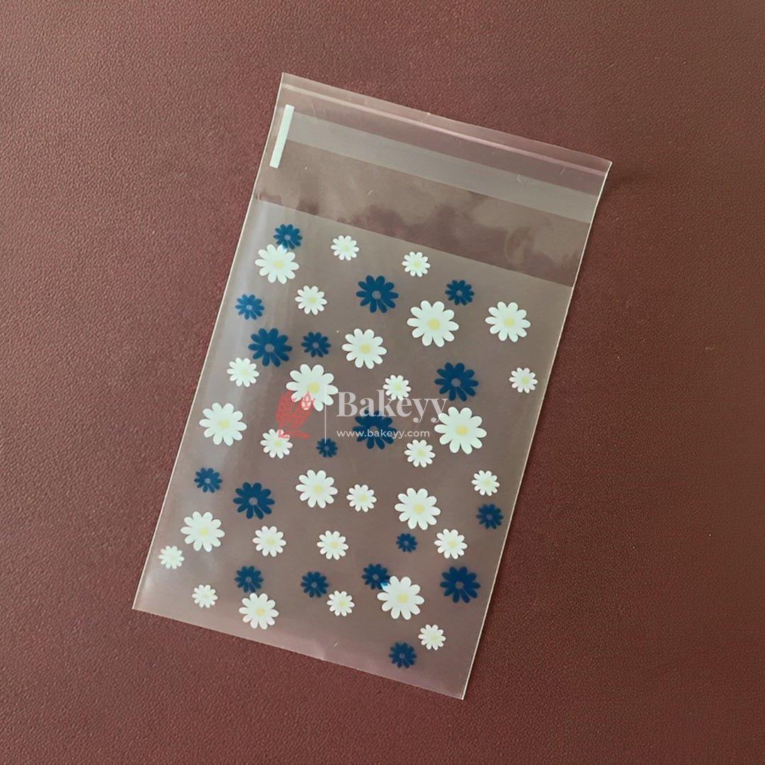 Daisy Flower Cellophane Bags | Blue and White | Clear Plastic Self Sealing Envelope Crystal Bag  | Pack of 100