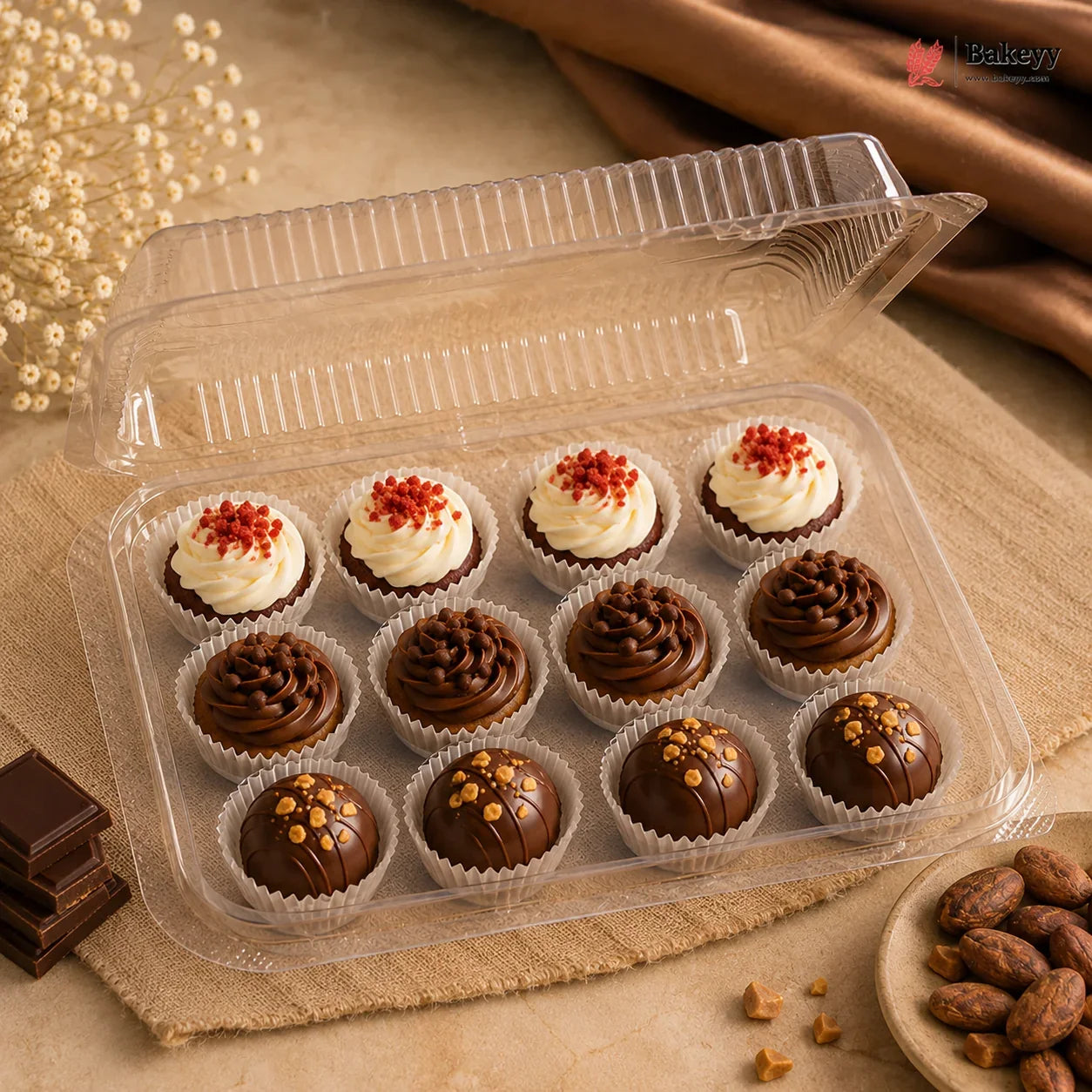 12 Cavity | Clear PET Chocolate Truffle Box with Hinged Lid | Pack of 25