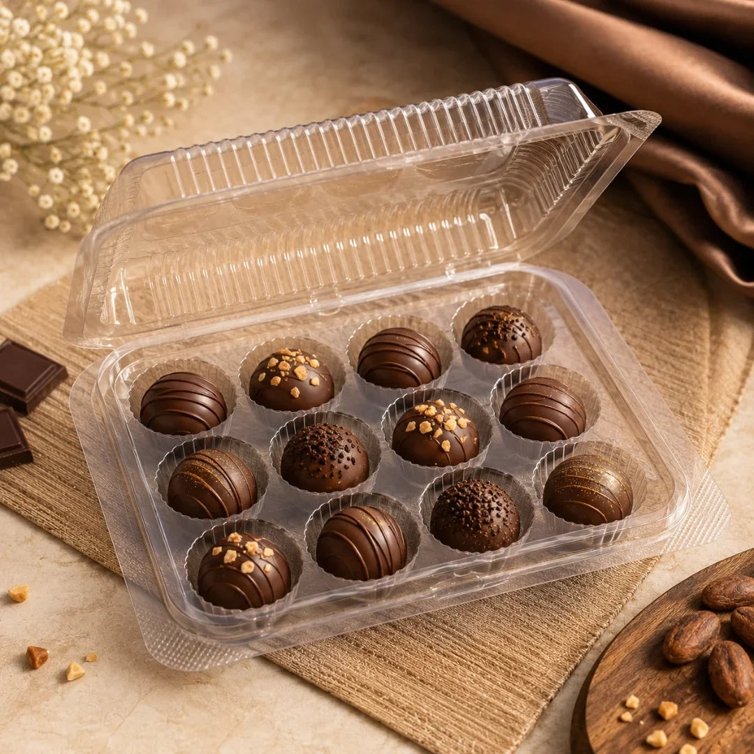 12 Cavity | Clear PET Chocolate Truffle Box with Hinged Lid | Pack of 25