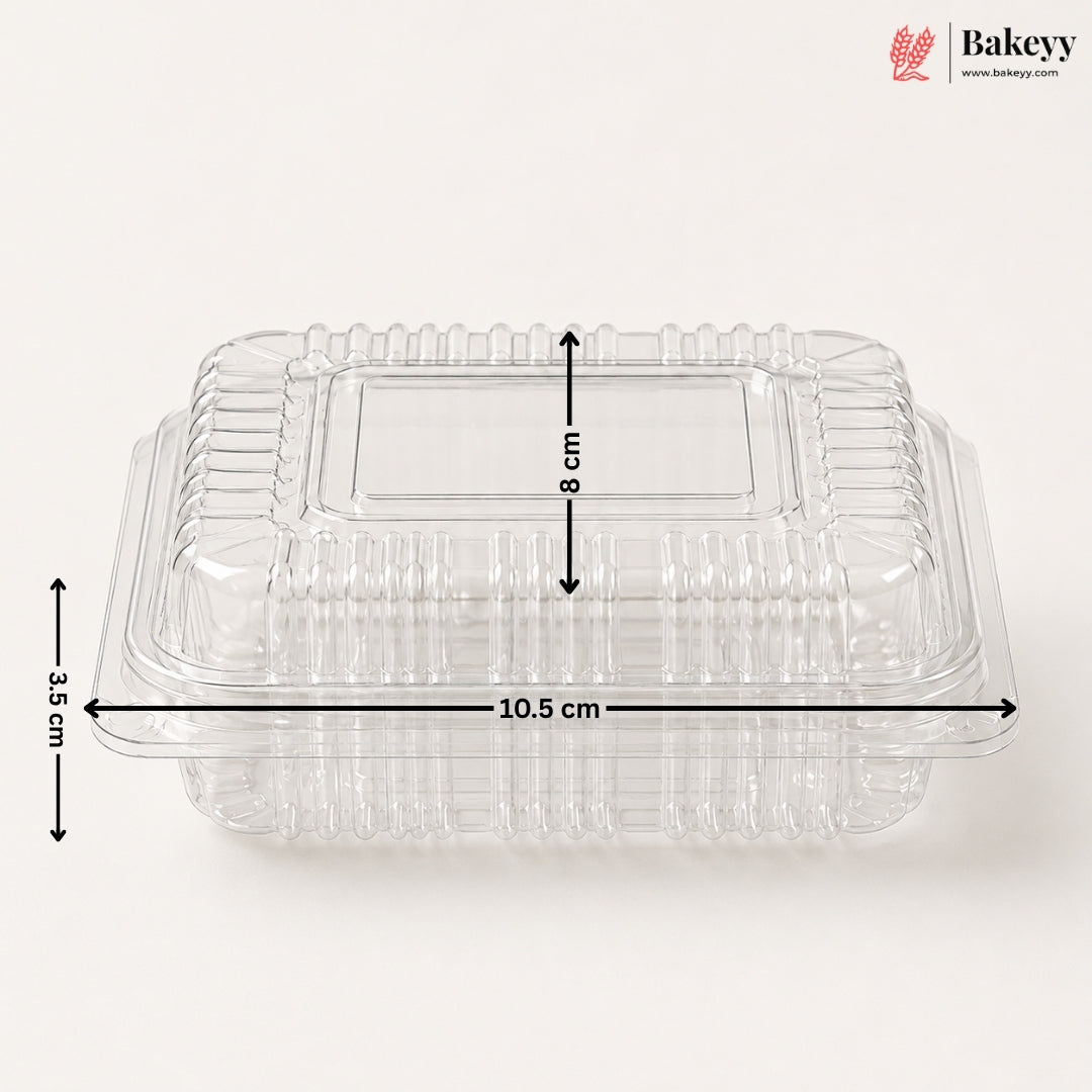 A clear plastic rectangular food container with a lid, shown on a light neutral background with black dimension arrows and labels indicating 10.5 cm width, 8 cm height, and 3.