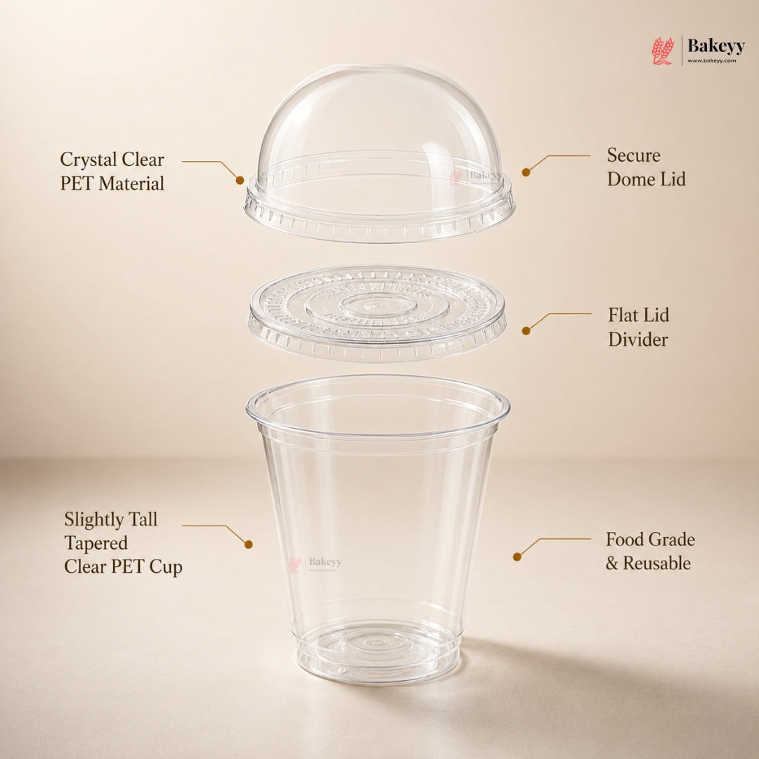 A clear plastic cup with a dome lid and separate flat lid pieces, shown on a warm beige background with callout labels describing the material and features. The Bakeey logo appears in the top right.