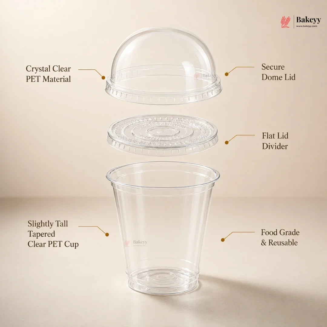 A clear plastic cup with a dome lid and separate flat lid pieces, shown on a warm beige background with callout labels describing the material and features. The Bakeey logo appears in the top right.