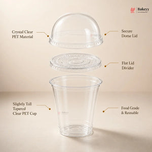 A clear plastic cup with a dome lid and separate flat lid pieces, shown on a warm beige background with callout labels describing the material and features. The Bakeey logo appears in the top right.