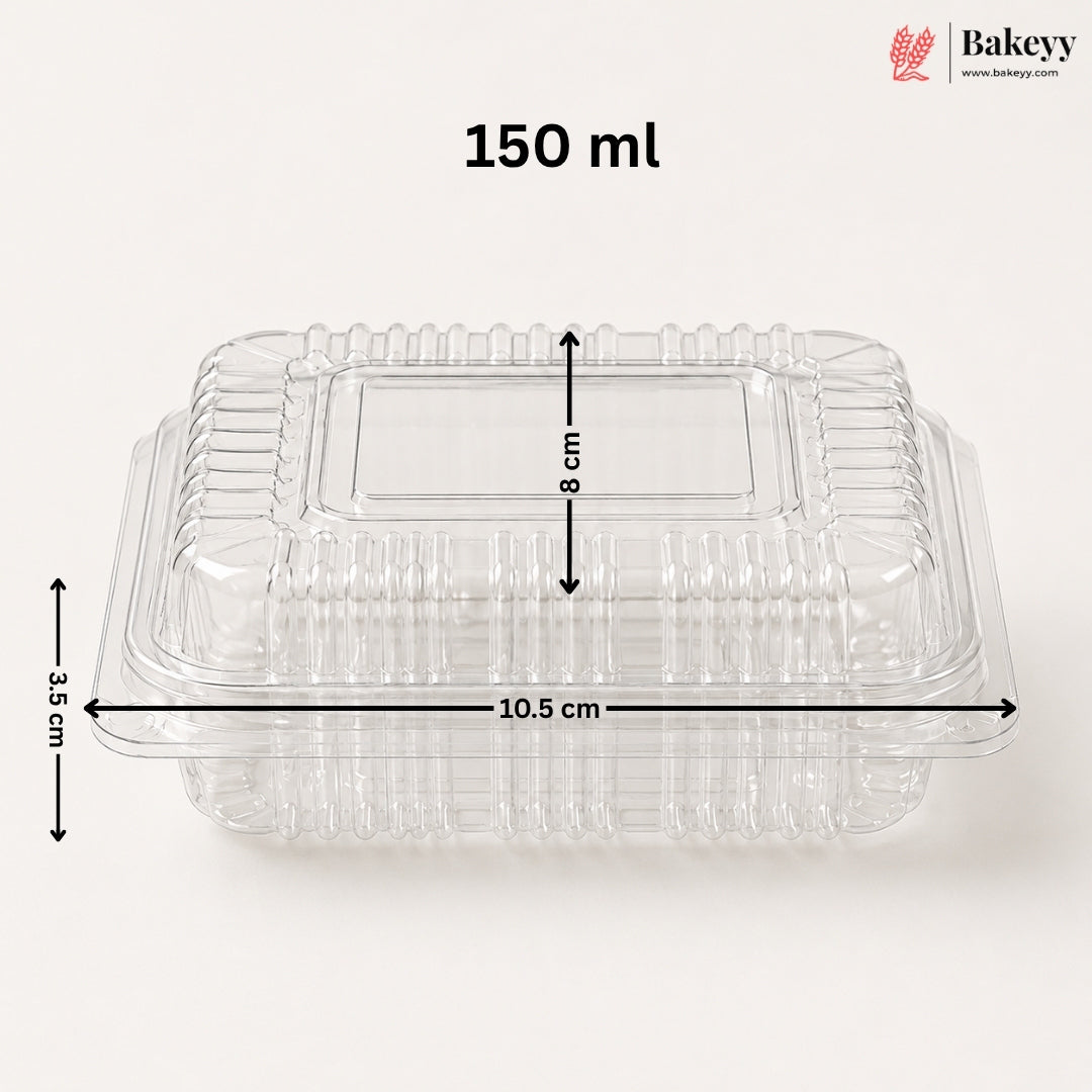 A clear plastic food storage container with a lid, shown on a light neutral background with overlaid dimension labels reading 150 ml, 10.5 cm, 8 cm, and 3.