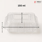 A clear plastic food storage container with a lid, shown on a light neutral background with overlaid dimension labels reading 150 ml, 10.5 cm, 8 cm, and 3.