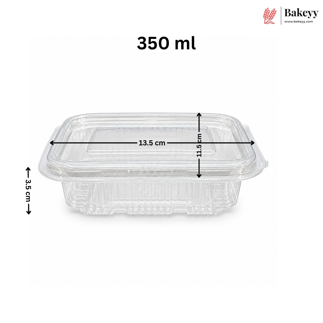 A clear plastic rectangular food storage container with a matching lid, shown on a white background with dimension lines and text indicating 350 ml capacity, 13.5 cm width, 11.