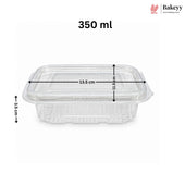 A clear plastic rectangular food storage container with a matching lid, shown on a white background with dimension lines and text indicating 350 ml capacity, 13.5 cm width, 11.