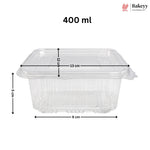 Clear plastic food storage container with lid, shown with dimension lines and text indicating 400 ml capacity and measurements of 13 cm length, 9 cm width, and 5 cm height on a white background. Bakeyy logo appears in the top right.