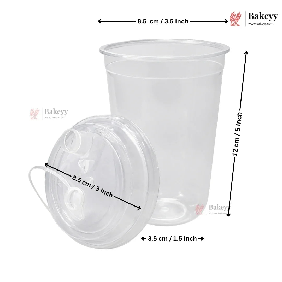 Clear plastic cup with lid and measurements on a white background, featuring the Bakeyy brand.