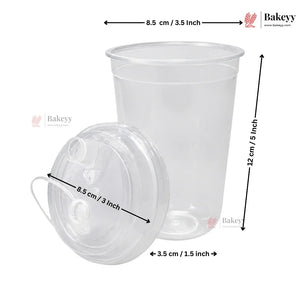 Clear plastic cup with lid and measurements on a white background, featuring the Bakeyy brand.