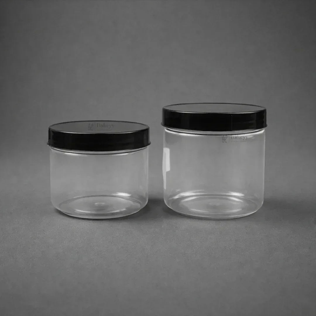 Clear Plastic Storage Jars with 96 mm Screw Lid | PET Jar With Black Lid | Multiple Sizes Available | Pack of 12 - Bakeyy.com - India - Clear Plastic Storage Jars with 96 mm Screw Lid | PET Jar With Black Lid | Multiple Sizes Available | Pack of 12 - 350ml 360.00