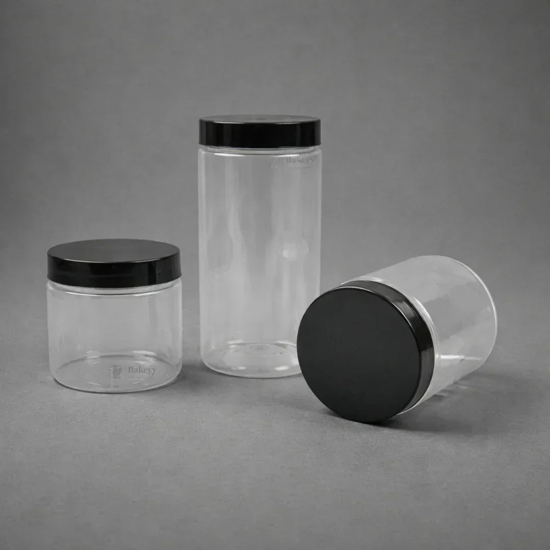 Clear Plastic Storage Jars with 83 mm Screw Lid | PET Jar With Black Lid | Multiple Sizes Available | Pack of 12 - Bakeyy.com - India - Clear Plastic Storage Jars with 83 mm Screw Lid | PET Jar With Black Lid | Multiple Sizes Available | Pack of 12 - 350ml 324.00