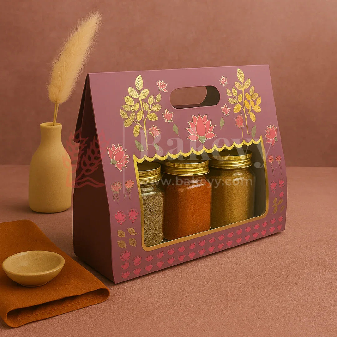 10x4x8 Inch | Purple Floral Window Gift Box with Handle | Luxury Festive Hamper Packaging | Pack of 10