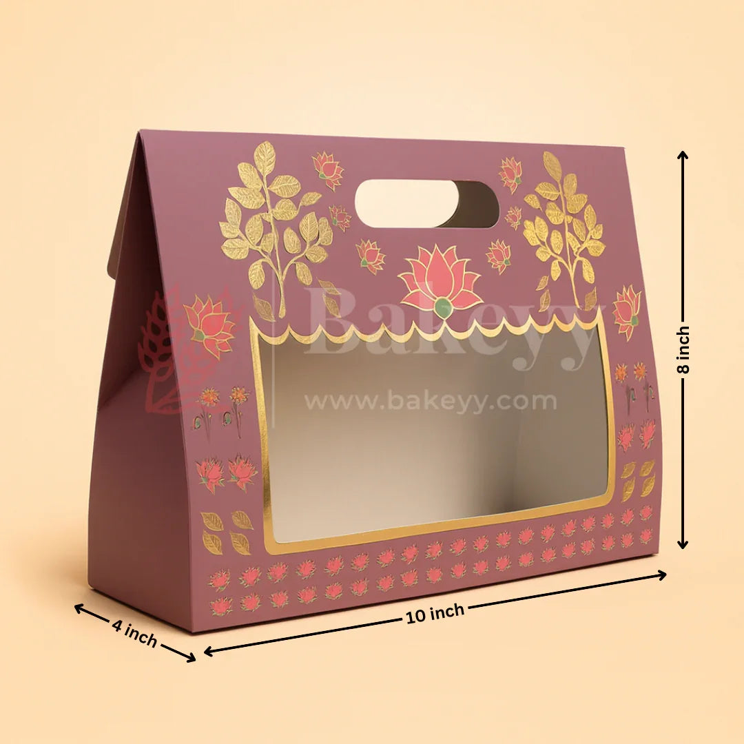 10x4x8 Inch | Purple Floral Window Gift Box with Handle | Luxury Festive Hamper Packaging | Pack of 10